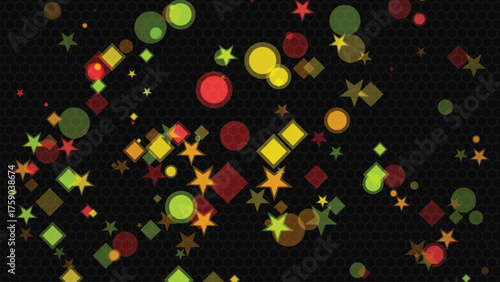 Abstract background with geometric shapes circles squares and stars in shades of red yellow and green