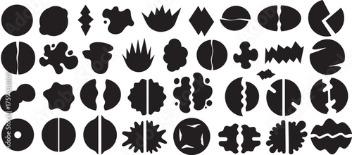 Collection of abstract organic and geometric blob shapes in bold black silhouettes, showcasing symmetrical and asymmetrical cutout designs, fluid forms, and sharp-edged 