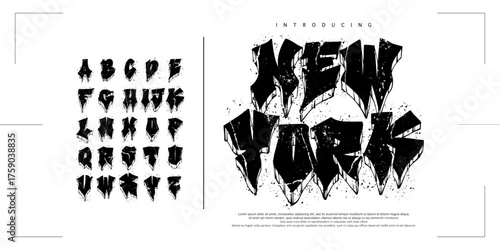 New York Font. Hardcore Music Font,Original HandDrawn Creative Font With extrude Rock style, Grunge Texture, Streetwear Fashion and Poster,Cover ,Clothing. Uppercase Typeface .Vector Ill