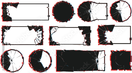 Set of glitch-style broken frame shapes in rectangular and circular designs, featuring shattered glass textures, fragmented outlines, and red-blue 3D effect overlay for a digital distortion look.