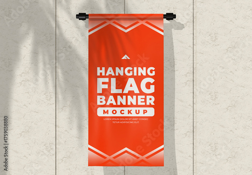 Vertical Hanging Flag Banner Mockup with Hemstitch and Rod for Retail Promotion