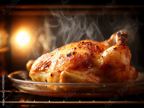perfectly roasted chicken from oven t: roast chicken, oven, golden-brown, serving, platter, steam