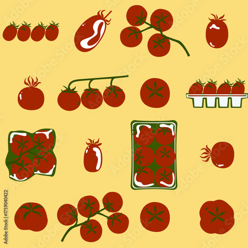 Seamless vector pattern set of tomatoes, chili, and vegetables in warm red and yellow tones. Perfect for food packaging, textile design, and kitchen decoration.