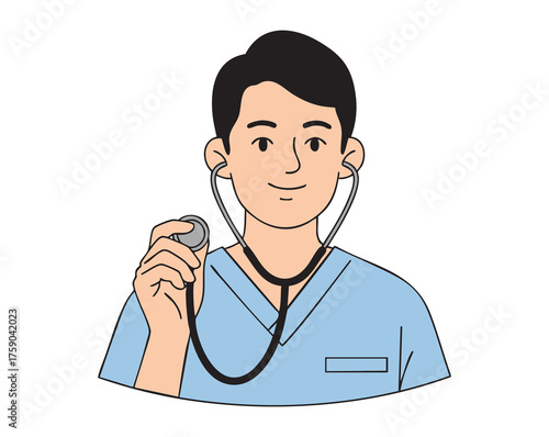 Male doctor or nurse with a stethoscope, modern flat illustration of a friendly physician, for healthcare and medical concepts, for websites and clinics.
