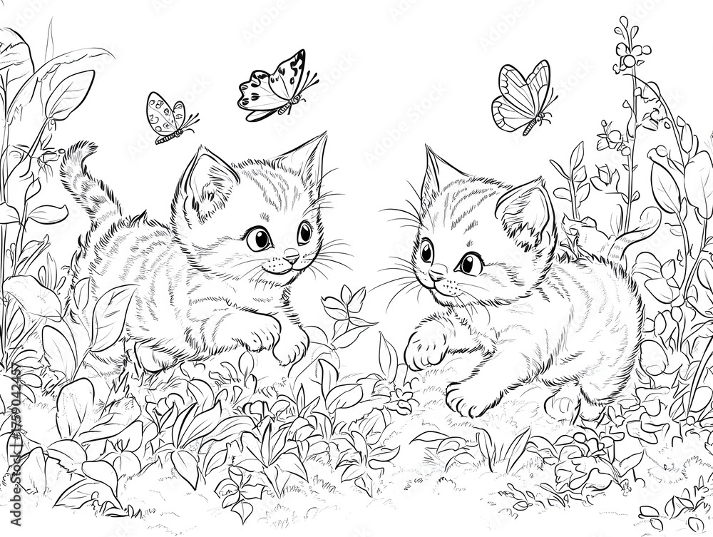 Fototapeta premium Two Kittens Playing with Butterflies Coloring Page
