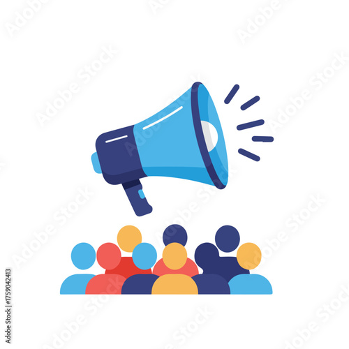 Crowd under blue megaphone. Suitable for announcements, protests, public speaking, events advertising, promotion campaigns, social media content.