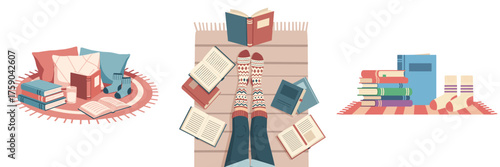 Books and socks on floor rug vector illustration for cozy home design, reading blog and lifestyle content
