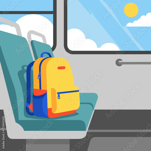Bright backpack on bus seat vector illustration for travel blog, public transport design and safety awareness campaign