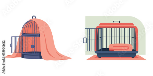 Cage with open door and blanket vector illustration for pet care blog, animal shelter design and veterinary concept