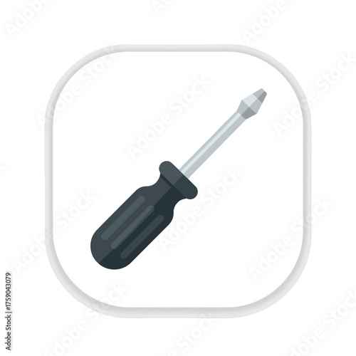 Flathead screwdriver with black handle on white. Suitable for construction, tools, diy projects, hardware, repairs, carpentry, and workshop concepts.