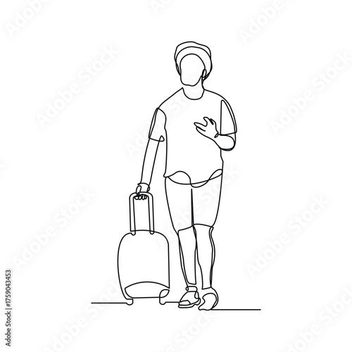 Continuous line drawing of man traveler with luggage. Sketch editable stroke vector illustration of tourist walking with suitcase.