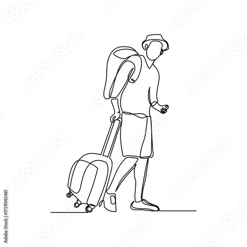 Continuous line drawing of man traveler with luggage. Sketch editable stroke vector illustration of tourist walking with suitcase.