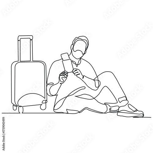 Continuous line drawing of man traveler with luggage. Sketch editable stroke vector illustration of tourist walking with suitcase.