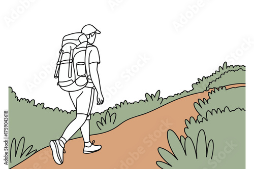 Young man trekking uphill with backpack in minimalist illustration style