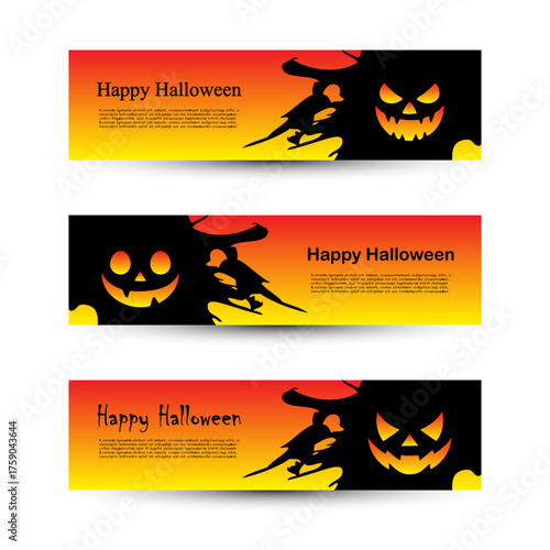 Set of Halloween Banners with Red-Yellow Gradient Background and Pumpkin Faces. Perfect for Halloween event promotions, festive greetings, website headers, or seasonal marketing materials. 