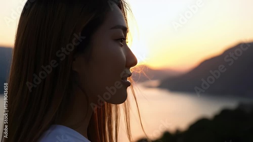 Young Asian Woman Enjoying a Serene Sunset Over the Mountains and Lake.