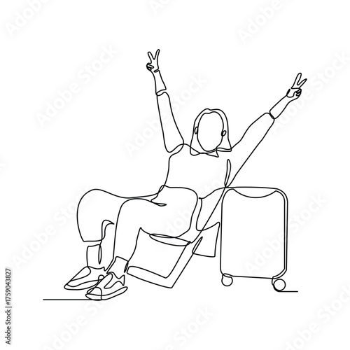 Continuous line drawing of woman traveler with luggage. Sketch editable stroke vector illustration of tourist walking with suitcase.