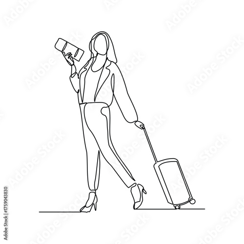 Continuous line drawing of woman traveler with luggage. Sketch editable stroke vector illustration of tourist walking with suitcase.