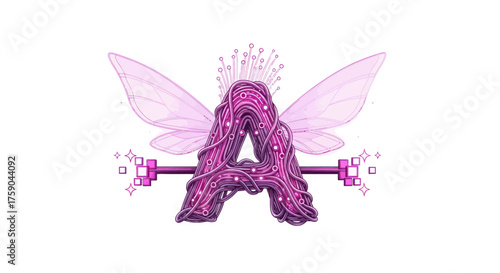 Purple letter A of bundled threads w/ wings, antenna & pixel accents