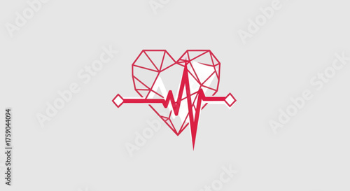 Red polygonal heart with heartbeat symbol on grey
