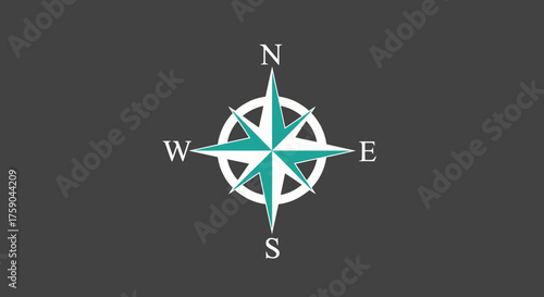 Teal compass rose icon with N, E, S, W labels, set against a dark gray background