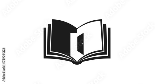 Open book revealing a doorway, black & white graphic