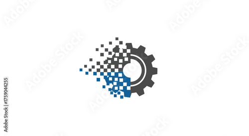 Dissolving gear icon made of blue and grey squares fading to the left on white