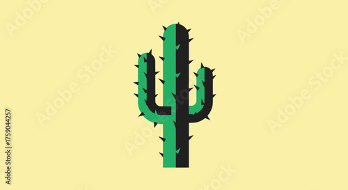 A green cactus with dark spikes on a pale yellow background