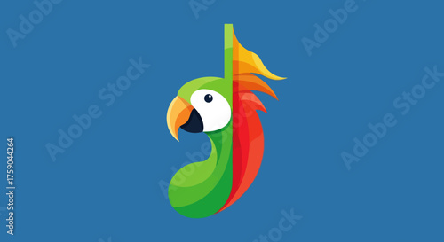 Stylized parrot logo, green & red, on blue