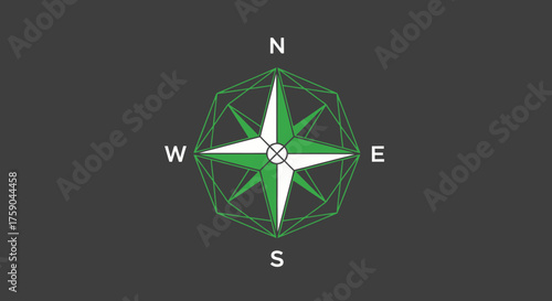 Stylized compass with green elements on a dark gray background