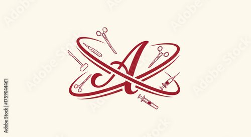 Atom-style design with stylized A and medical tools in burgundy