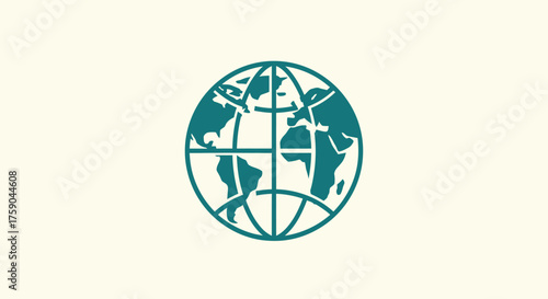 Stylized world globe map outline in teal on beige
