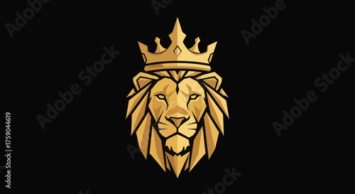 Golden lion head wearing a stylized crown on black