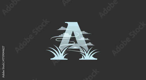 Letter 'A' filled with sky, grass at the base on dark backdrop