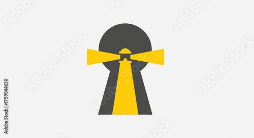 Lighthouse shines yellow through a keyhole shape against grey