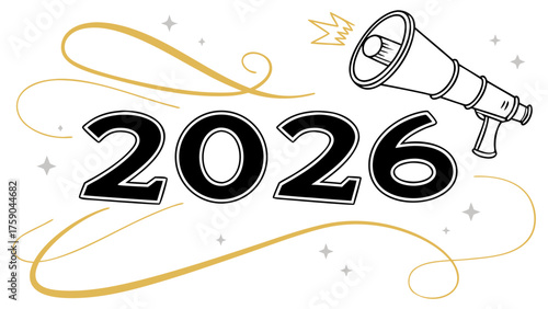 Announcing the year 2026 with a megaphone and sparkles