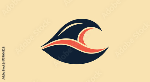 Stylized wave graphic, dark blue with coral accent on beige background
