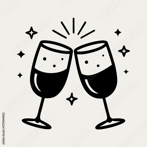 Two champagne glasses clinking together with sparkles