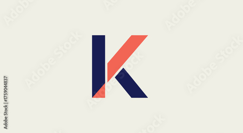 Abstract letter K, split vertically; left is navy, right is coral, on a cream background