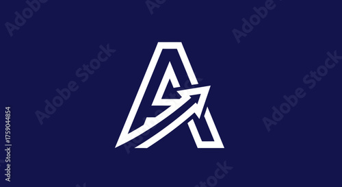 White A-shaped design with an integrated arrow on blue