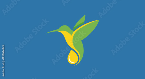 Stylized hummingbird with green wings and a yellow body with a teardrop shape on blue