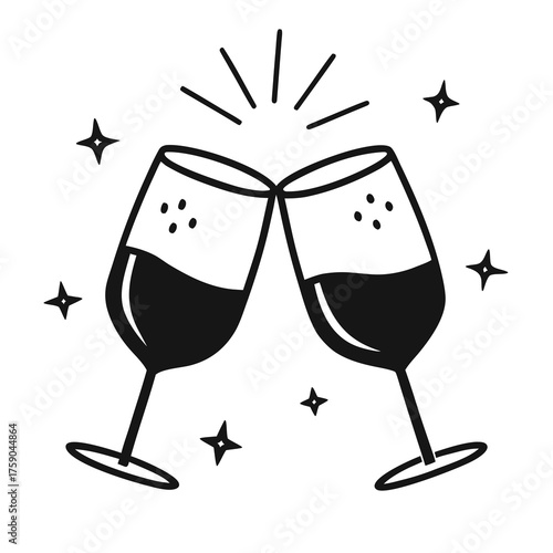 Two wine glasses clinking together with stars and sparkles
