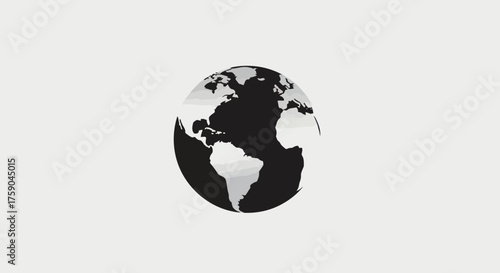Globe graphic. Black and grey earth on a white background. Oval shape