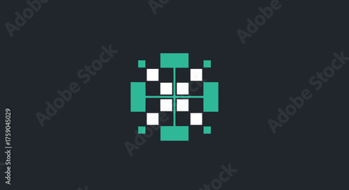 Pixelated abstract shape checkerboard center framed by teal forms