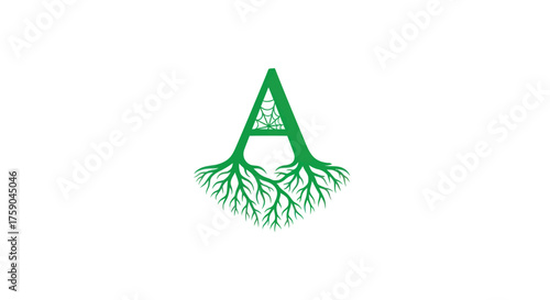 Green letter "A" with root-like extensions and a spiderweb design