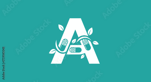 Letter A, leaves, pills on teal