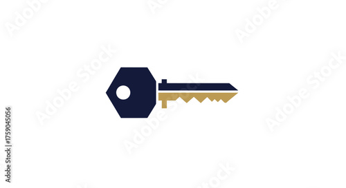 Modern key with a dark blue handle and golden jagged teeth on a plain, white backdrop