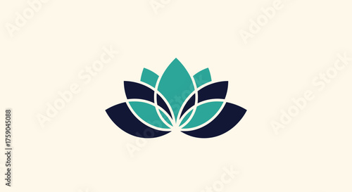 Teal and navy lotus flower design against a beige background