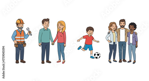 Vector  illustration depicting a construction worker a couple a child playing and a diverse family group