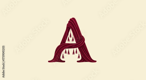 Letter "A" formed by draped burgundy fabric and hanging tassels on cream background